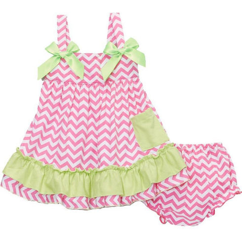 Baby Girls Hot Pink Lime Chevron Bow Ruffles Swing Top Set 9-24M - SophiasStyle.com